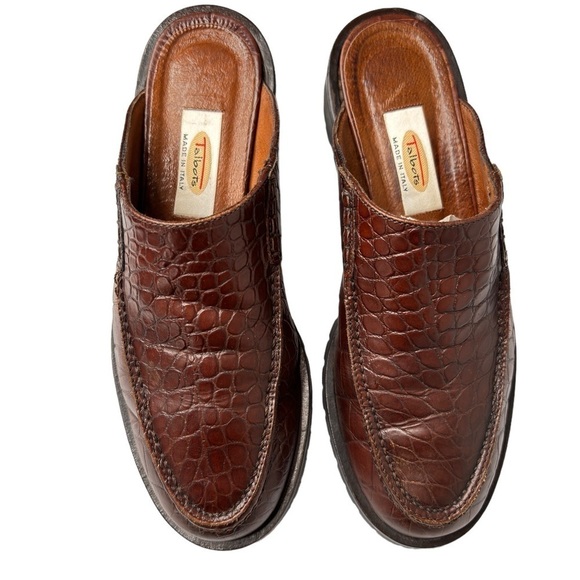 Talbots Slide Mules Sz 6.5 Brown Croc Embossed Leather Clog Chucky Rugged Soles - Picture 3 of 12
